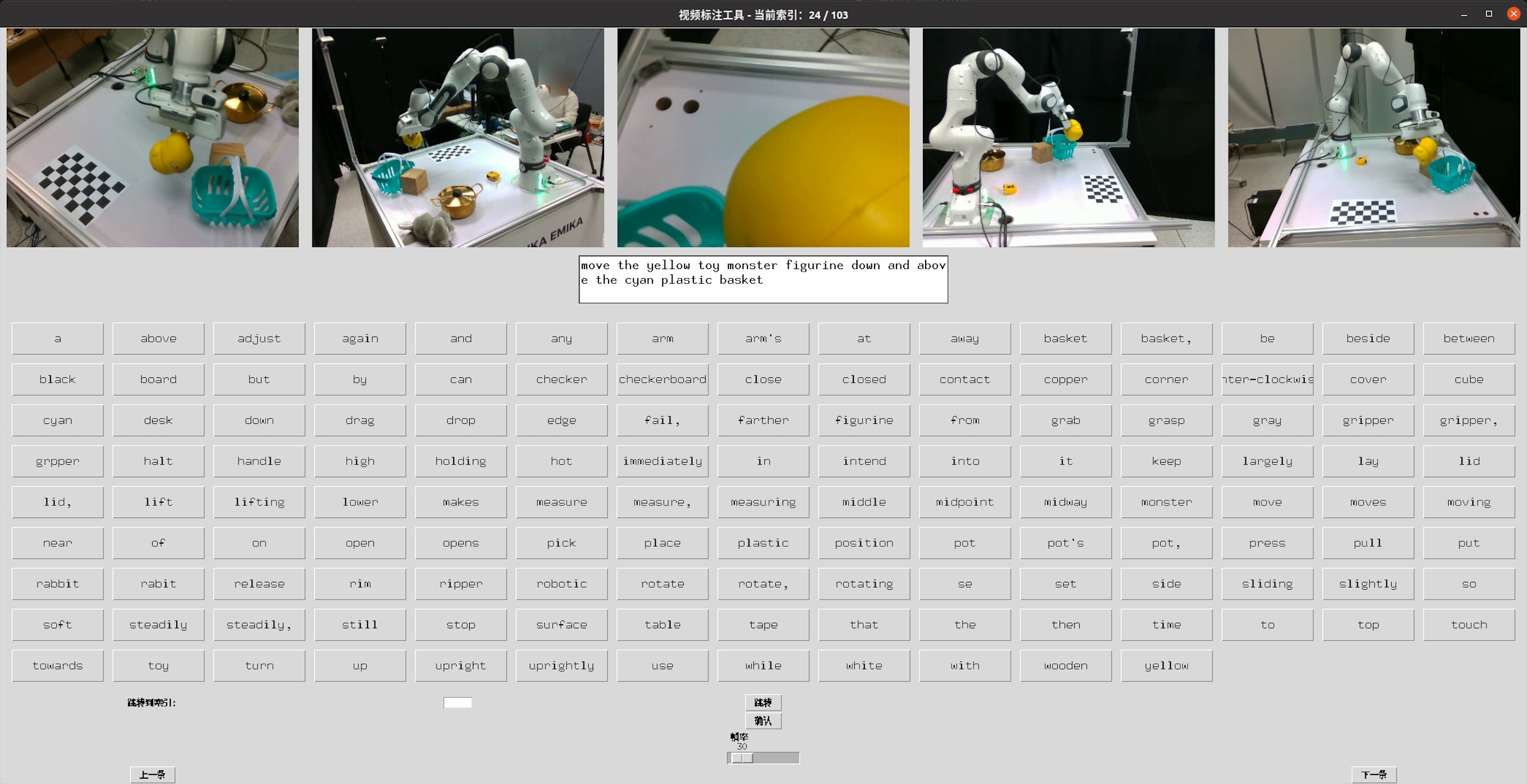 PEWM annotation interface showing five synchronized robot views and one shared instruction